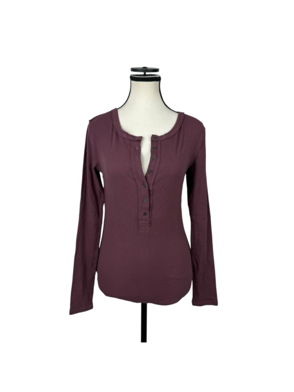 Free People We The Free Ribbed Henley Burgundy Long Sleeve Fitted Top S Boho - Picture 2 of 14